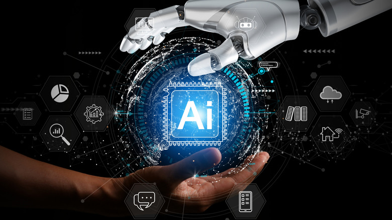 Иллюстрация, показывающая человеческую руку и руку робота, окружающую синий глобус с буквами ИИ. Вокруг этого находится небольшая графика, изображающая использование ИИ.
