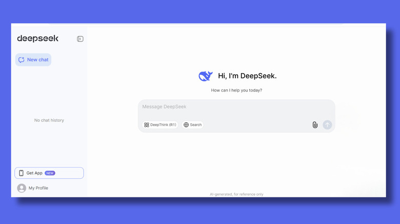 Скриншот DeepSeek, сделанный с ноутбука. В тексте говорится "Здравствуйте, я DeepSeek. Как я могу вам помочь сегодня?" Есть серая коробка для пользователя, чтобы ввести введите.