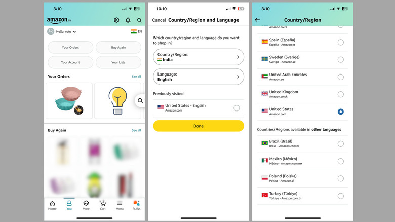 Меню страны и региона в приложении Amazon на iPhone