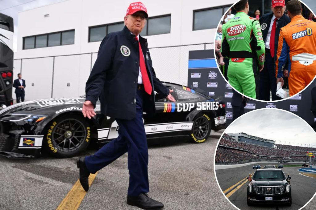 Трамп посещает Daytona 500, проезжает на дороге по дорожке в автоколонне