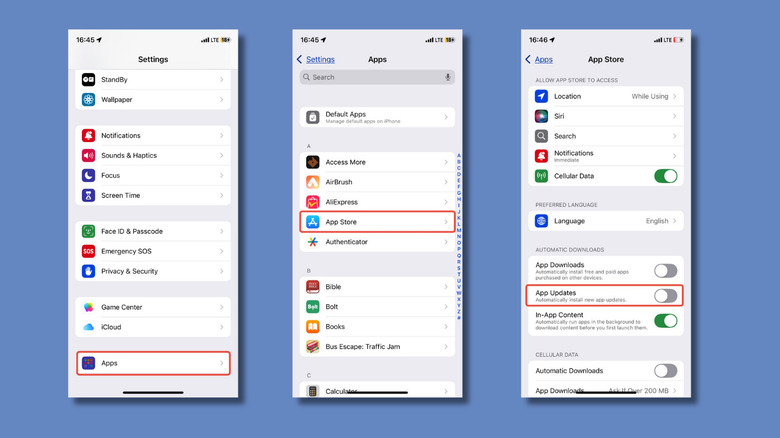 Снимки экрана Iphone Sutts страницы, показывающие, как переключить обновления Auto App