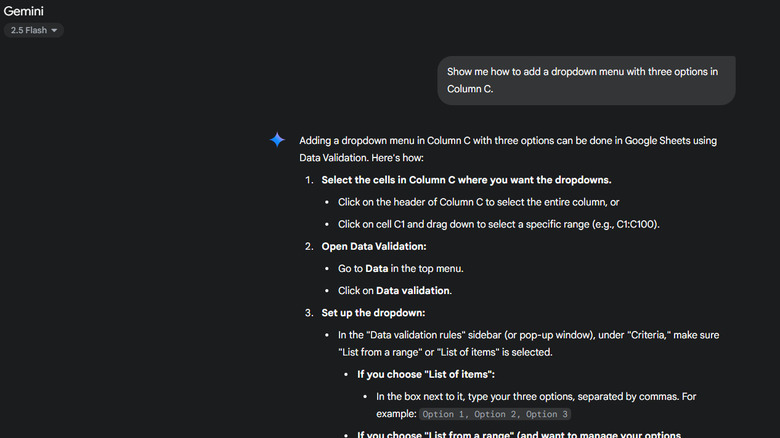 Использование Google Gemini, чтобы узнать, как добавить выпадающее меню в листах