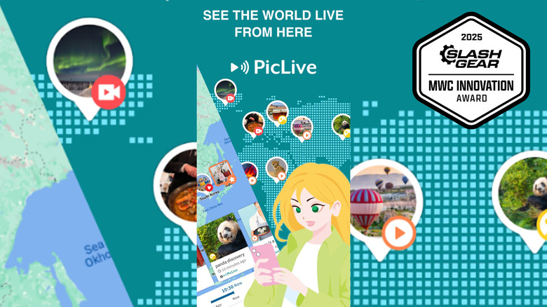 Piclive Promotional Art глобальной карты и человека, использующего Piclive на своем телефоне