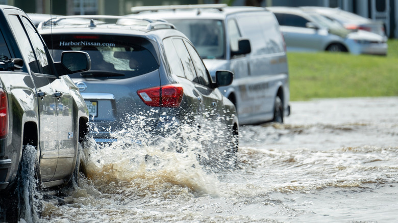 Автомобили едут по затопленной дороге.