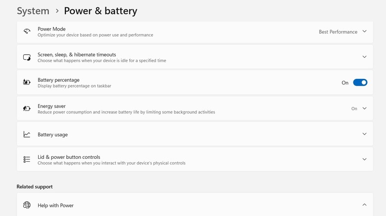 Окна питания и батареи на ноутбуке Windows 11.