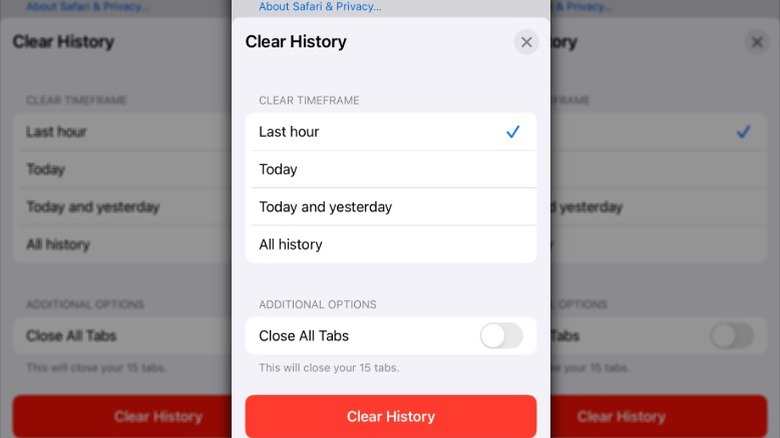 Safari Clear History Экран на iPhone для очистки кэша и данных веб -сайта