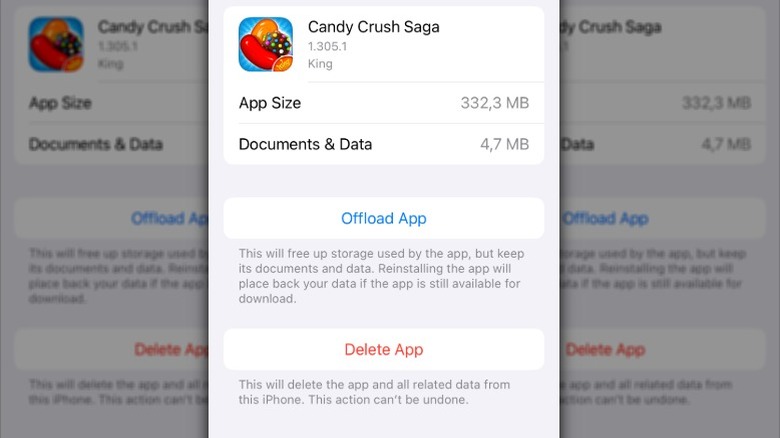 Экран iPhone с параметрами для выгрузки или приложения удаления