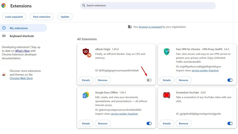 Расширение Origin Ublock Отключите переключение на странице расширения Google Chrome.