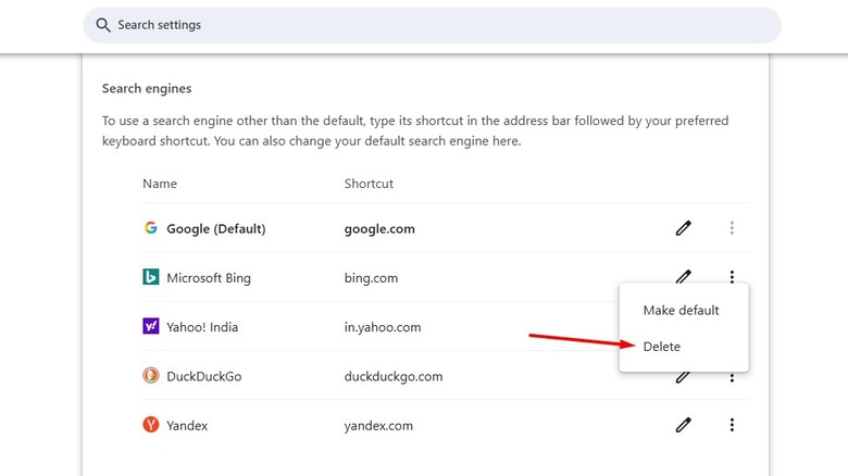 Параметр Microsoft Bing Delete на странице поисковой системы Chrome.