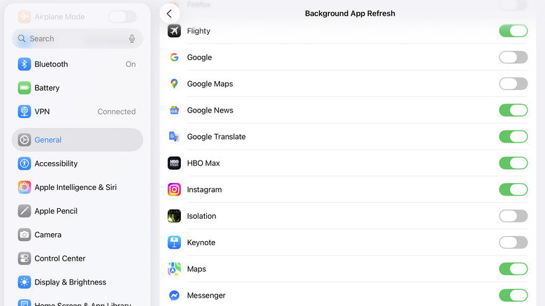 Фоновое приложение обновление в настройках iPad