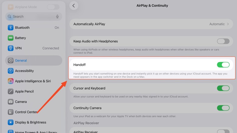 Настройки передачи в настройках iPad
