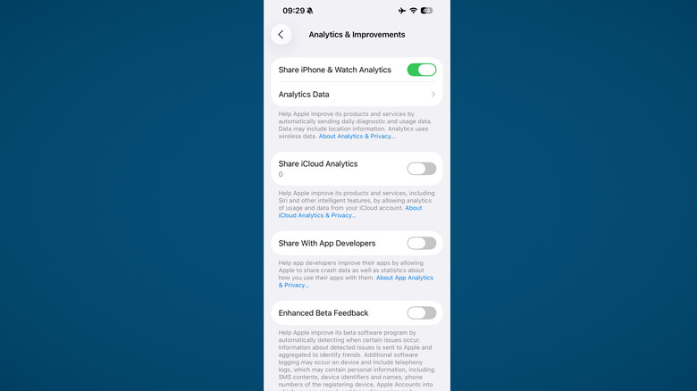 Настройки сбора данных в приложении настроек iPhone