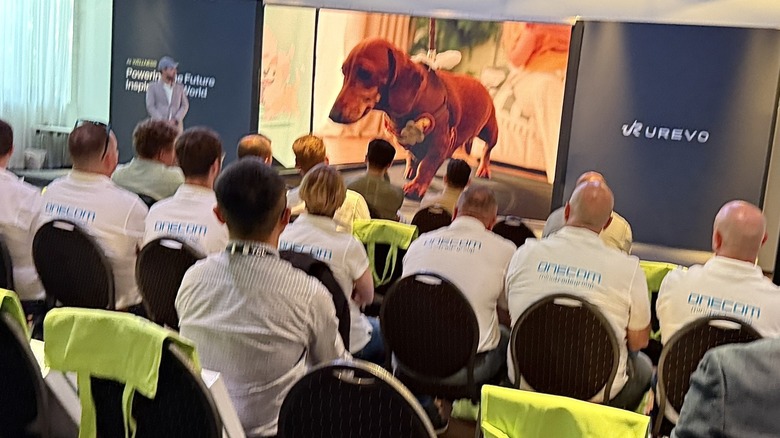 Пресс -конференция Urevo с генеральным директором/основателем, показывающим беговую дорожку домашних животных в действии