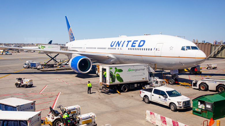 Самолет поставляется на асфальт аэропорта.