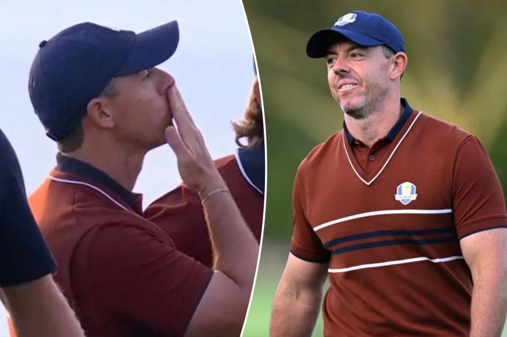 Рори Макилрой Блют поцелуи в толпу с губами Райдера, когда он серенадирован с пением nsfw