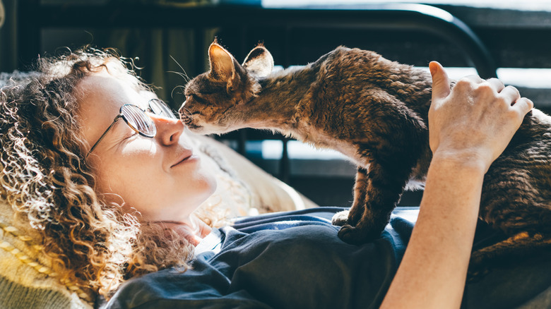 Женщина лежа на спине с кошкой на груди