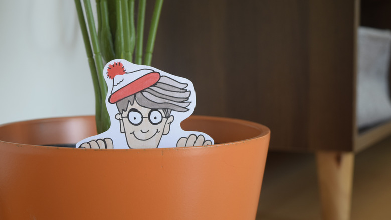 Мультфильм рисунок Уолдо, выпрыгивающего из растительного кастрюли