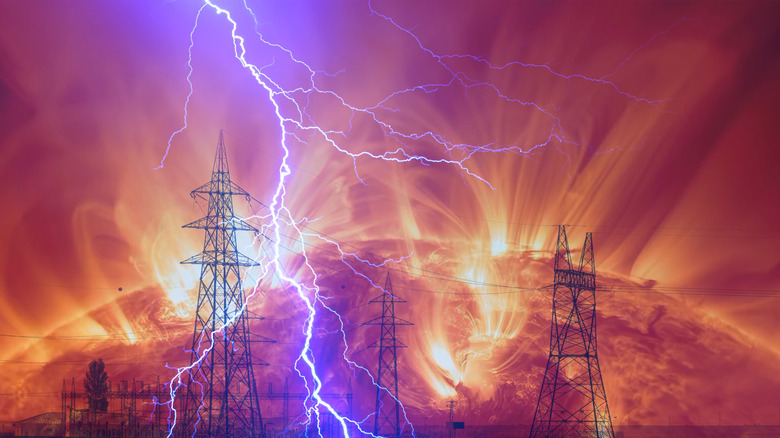 Интерпретация художника того, как солнечная буря повлияет на электрические сети.