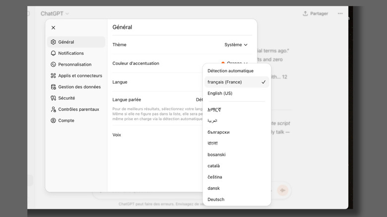 снимок экрана с языковыми настройками ChatGPT на рабочем столе