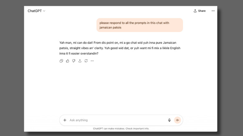 снимок экрана, на котором ChatGPT отвечает на запрос на патуа
