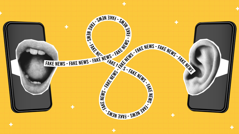 Иллюстрация фейковых новостей, исходящих изо рта в ухо