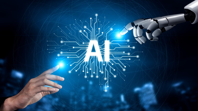 Графика AI с протягивающими руку человеком и роботом