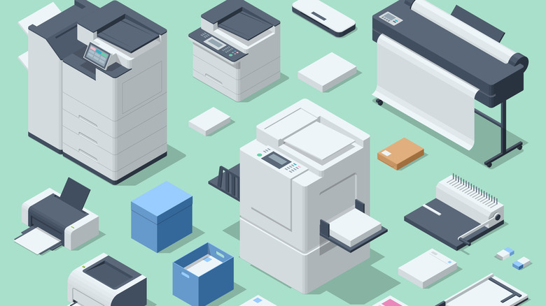 Мультяшный рендеринг принтеров на зеленом фоне