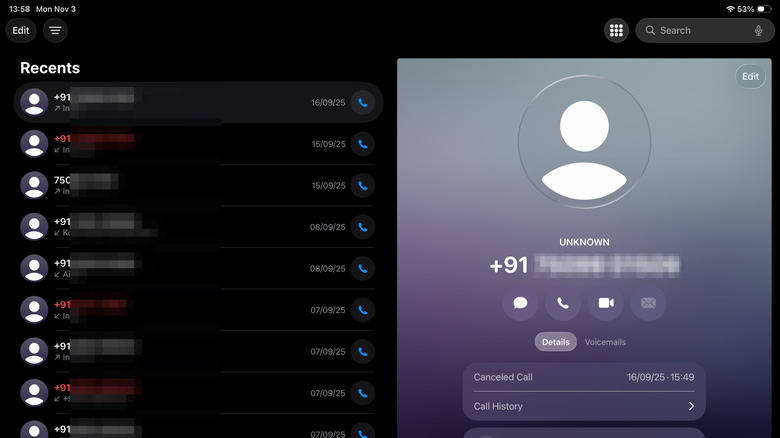 Приложение «Телефон» на iPad под управлением iPadOS 26.