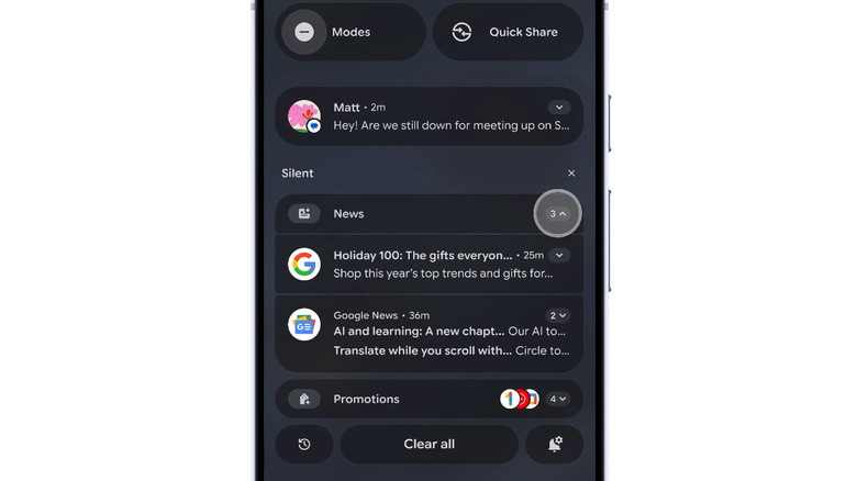 Пакет уведомлений, отображаемый в Google Pixel