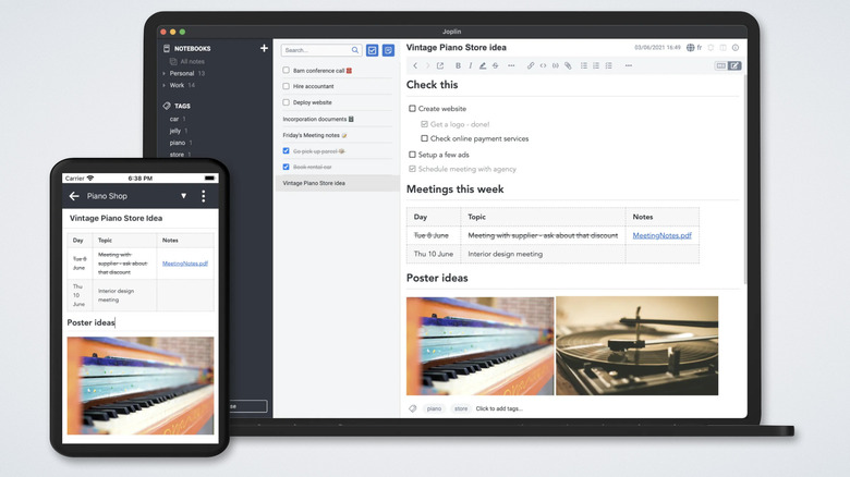 Приложение Joplin на компьютере и телефоне, белый фон