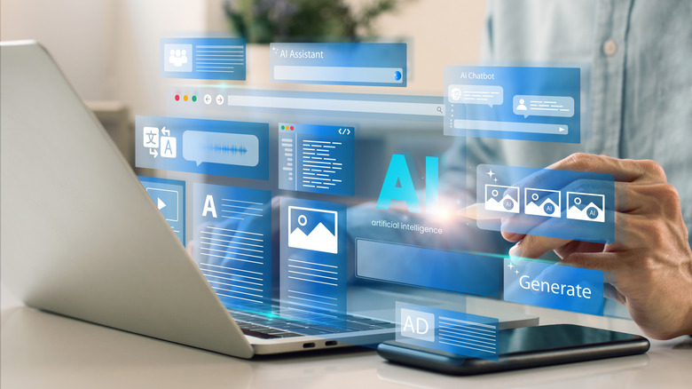 Мужчина работает на ноутбуке с наложенными на него различными окнами чат-бота с искусственным интеллектом