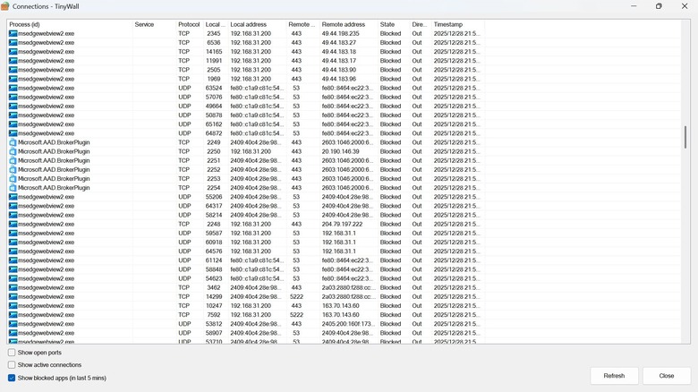 Интерфейс приложения TinyWall показывает все заблокированные приложения за последние 5 минут.