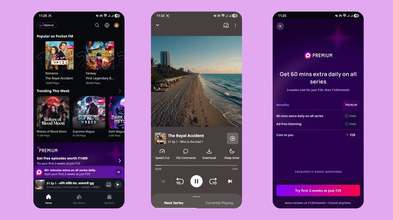 Воспроизведение аудиосериалов и страница премиум-подписки приложения Pocket FM