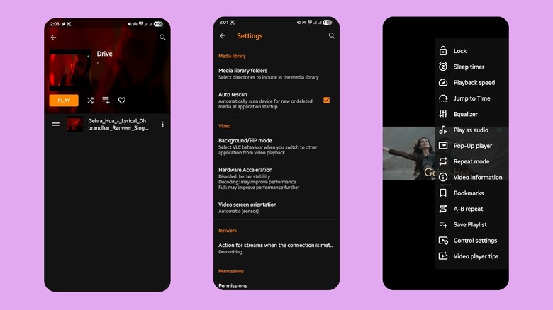 Страница настроек медиаплеера VLC, страница списка воспроизведения и параметры видео с воспроизведением видео в фоновом режиме