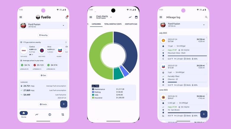 Приложение Fuelio, показывающее ближайшую заправочную станцию, график расходов и журнал пробега на телефоне Android.