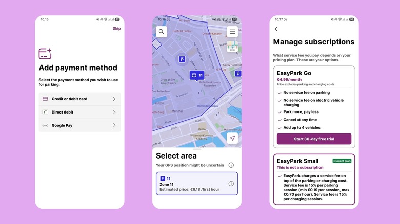 Страница добавления платежей, страница поиска парковочных мест и страница подписок в приложении EasyPark.