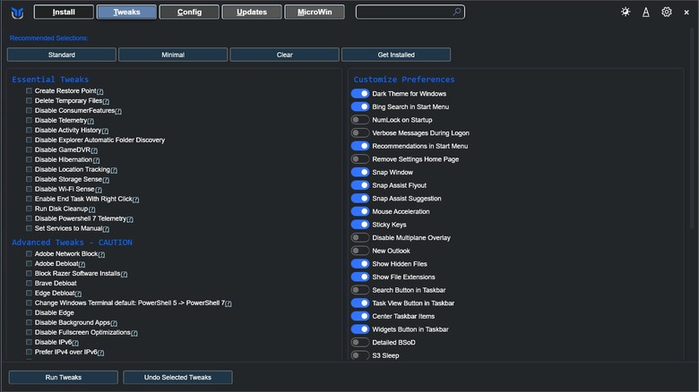 Выделена вкладка «Настройки» утилиты Windows Utility Криса Титуса Tech