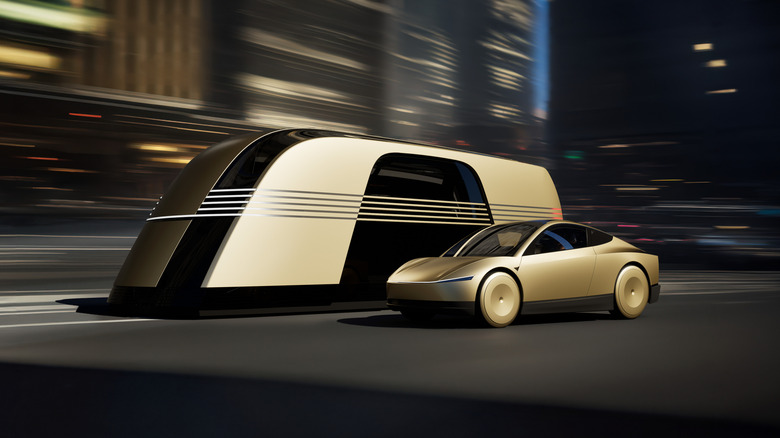 Рендеринг Tesla Robovan и Cybercab в движении