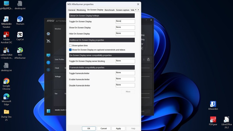 Снимок экрана меню свойств MSI Afterburner, показывающий настройки экранного меню на ПК с Windows 11.