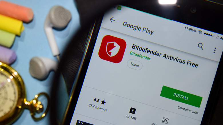 Страница бесплатной загрузки Bitdefender Antivirus в магазине Google Play.