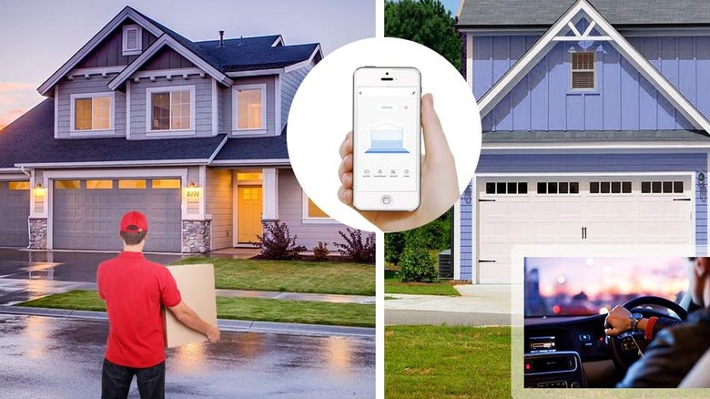 Курьер смотрит на дом, в центре которого держит телефон, и дом с фотографией человека за рулем.