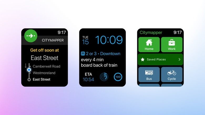 Приложение Citymapper для Apple Watch, отображающее оповещения о транзите и информацию о следующем поезде, а также ярлыки навигации