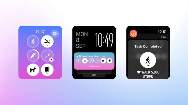 Приложение Streaks для Apple Watch показывает значки отслеживания привычек, виджет ежедневных задач и уведомление о выполненных шагах.