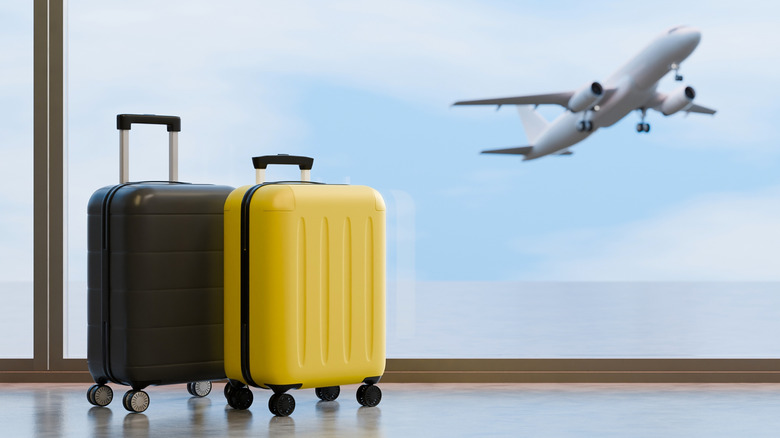 Чемоданы в аэропорту во время взлета самолета.