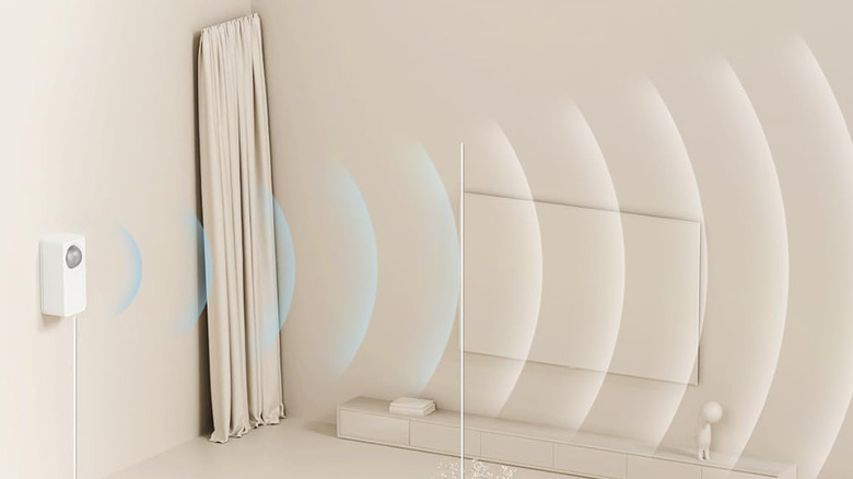 Датчик присутствия человека Meross, установленный на стене, на изображении комнаты.