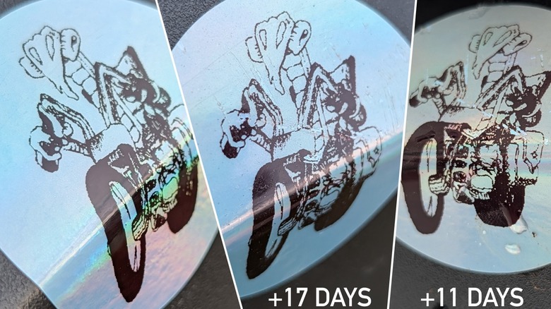 Три фотографии наклейки, потертой со временем.