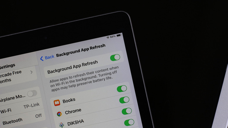 Меню фонового обновления приложения на iPad