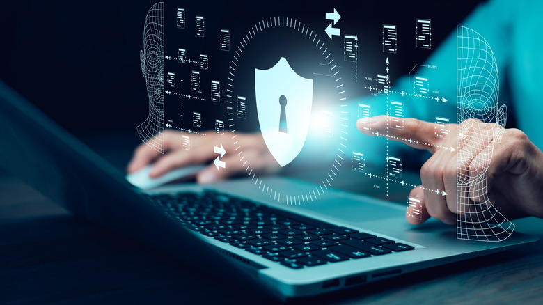 Иллюстрация над открытым ноутбуком, показывающая работу программного обеспечения для распознавания лиц.