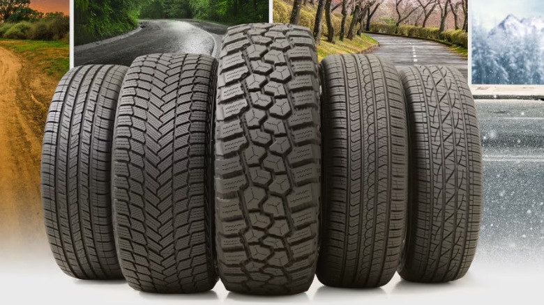 Шины на фоне сезонных изображений