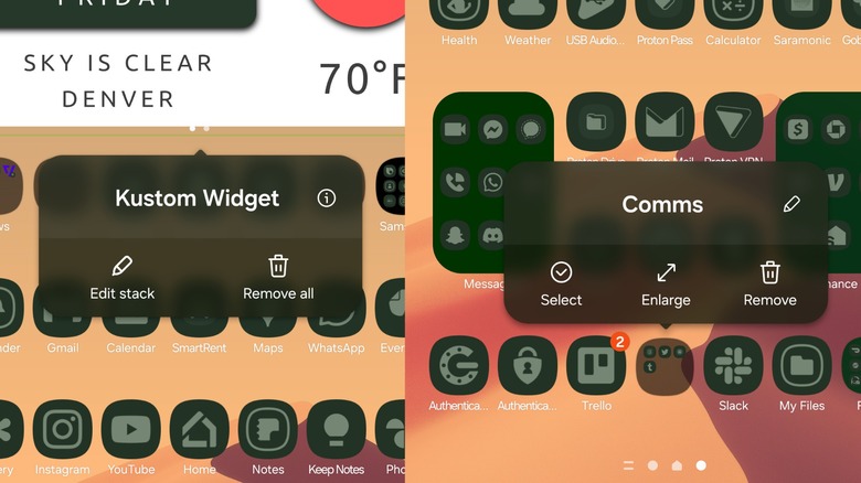 Меню при длительном нажатии для виджетов и папок в Samsung One UI Home